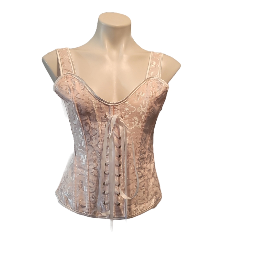 PINK and White Corset Sleeved Overbust zippered Corset Size M/L